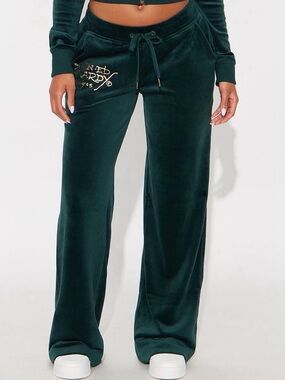 Ed Hardy Dark Green Wide-Leg Velour Pants with Gold Logo